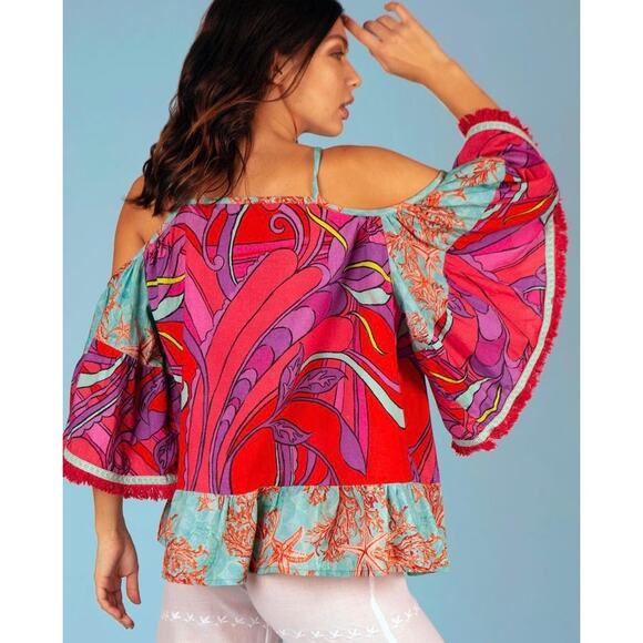 Modaposa Women's Vibrant Cold Shoulder Top XS Pink Blue Embroidered Boho Summer - Picture 2 of 8